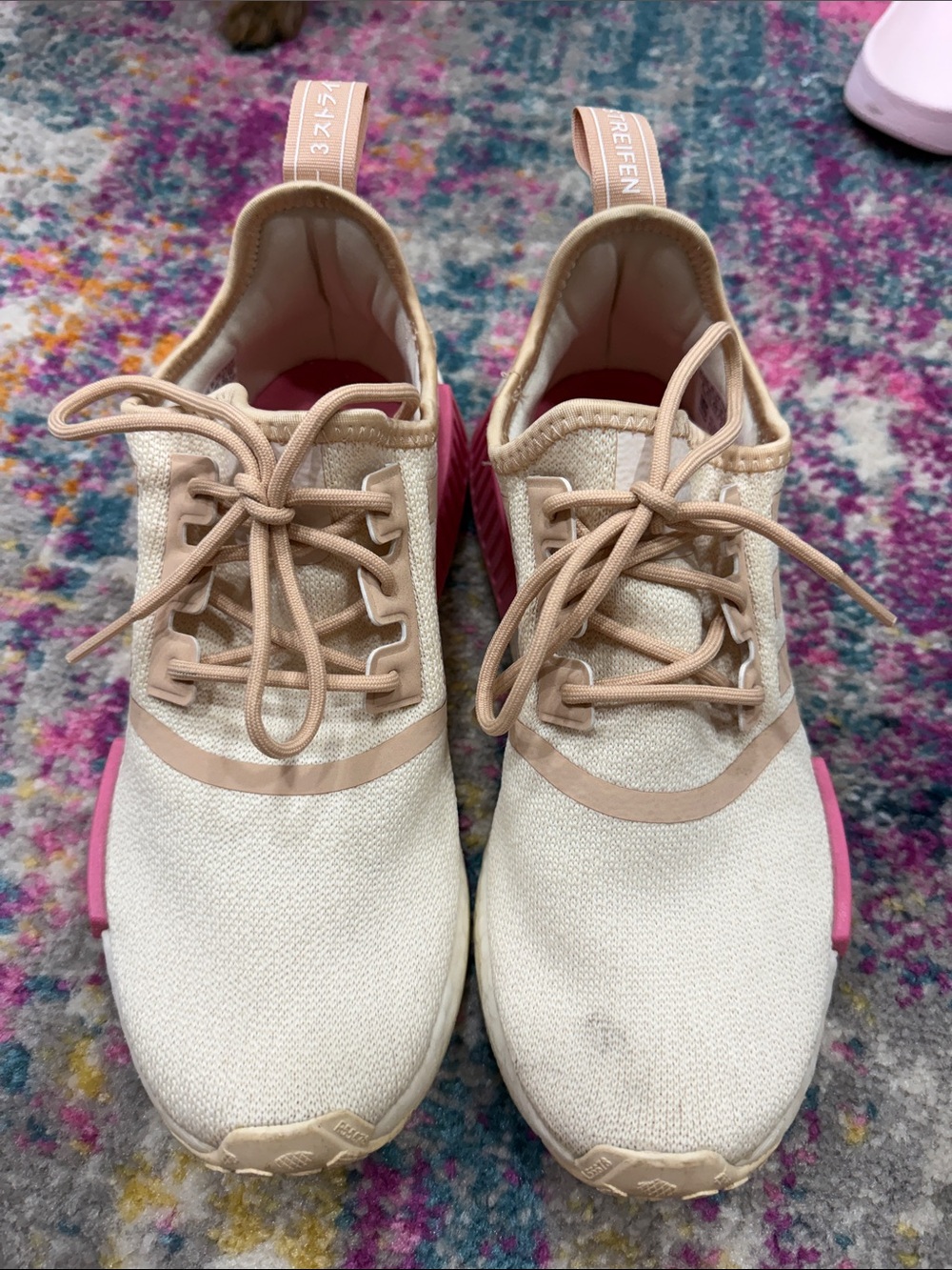 adidas Women's Cream Knit Sneakers with Pink Soles